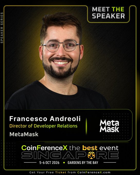 The image is a "Meet the Speaker" promotional graphic featuring Francesco Andreoli, Director of Developer Relations at MetaMask, announcing his participation at CoinFerenceX Singapore on 5-6 October 2026 at Gardens by the Bay. The poster highlights his role in driving Web3 developer adoption and education, tying directly to the accompanying post about his work with @MetaMask and @Consensys supporting over 30,000 Web3 developers.