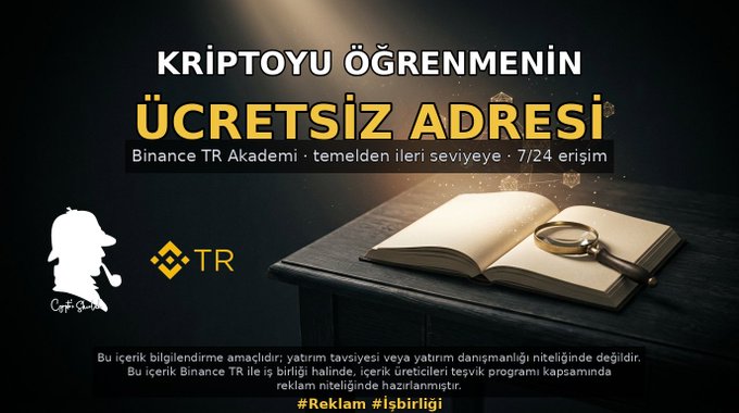 Turkish-language advertisement for Binance TR Academy titled 'KRİPTOYU ÖĞRENMENİN ÜCRETSİZ ADRESİ' (The free address for learning crypto), featuring an open book with a magnifying glass.