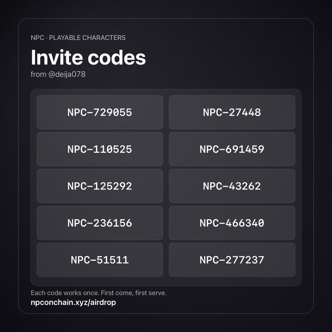 A dark-themed digital poster for 'NPC · PLAYABLE CHARACTERS' titled 'Invite codes' from @deija078, displaying ten one-time codes (NPC-729055, NPC-27448, etc.) redeemable at npconchain.xyz/airdrop.