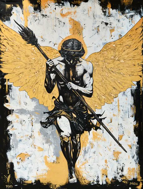 The image features an art piece that depicts a man with wings, holding a staff or spear. The background of the painting has a black and white color scheme, which contrasts with the gold accents on the wings and the man's attire. The painting is titled "Art Angels" and it was created by @xrpcafe.
