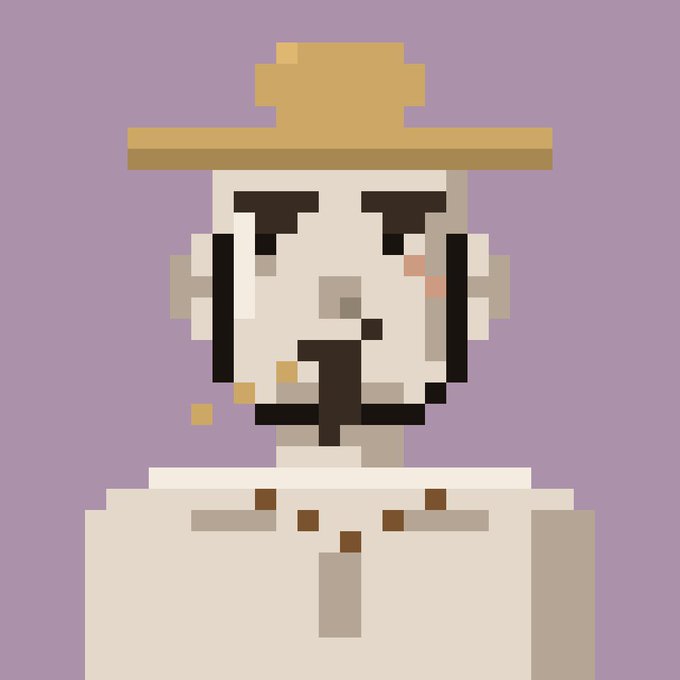 A pixel art illustration of a man wearing a straw hat, featuring an angry expression with furrowed brows against a purple background.