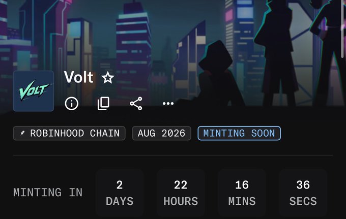 A countdown screen for the "Volt" NFT mint shows 2 days, 22 hours, 16 minutes, and 36 seconds until launch on Robinhood Chain in August 2026, marked as "Minting Soon." The display aligns with the post's details, featuring a stylized cyberpunk city background and silhouettes of hooded figures.