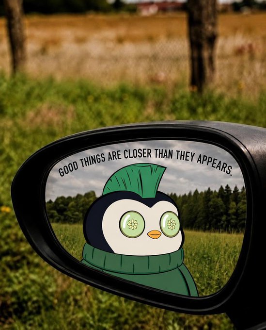 A side mirror of a vehicle showing the reflection of a cartoon penguin character with cucumber slices over its eyes and a green scarf, with the mirror's text reading "GOOD THINGS ARE CLOSER THAN THEY APPEARS."