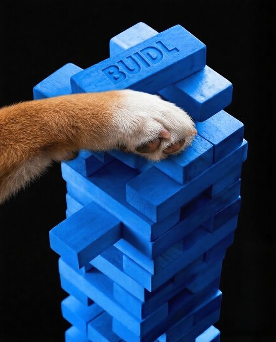A dog paw pulls the top "BUIDL" block from a Jenga tower, playing on the crypto slang for "build" used by BlackRock's BUIDL fund. The image playfully illustrates the precarious "on-chain" investment strategy the post is referencing.