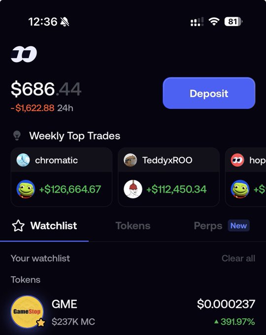 The image shows a crypto wallet (appears to be OKX Wallet) displaying a portfolio value of $686.44 with a 24h loss of -$1,622.88, alongside a watchlist featuring GME (GameStop) at $0.0000237 with a 391.97% gain. This relates to the post's point about FOMO causing costly slippage—showing how even with GameStop's massive percentage gains, small-cap token purchases can result in significant fills above market price, illustrating why the user recommends OKX Wallet for better Web3 trading execution.