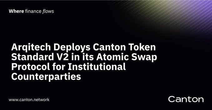 A dark-themed promotional graphic features the headline "Arqitech Deploys Canton Token Standard V2 in its Atomic Swap Protocol for Institutional Counterparties" alongside the Canton logo and website, with the tagline "Where finance flows" at the top. The image visually supports the announcement that Canton Token Standard V2 now enables live atomic swaps between Canton Coin and major cryptocurrencies (Bitcoin, Ethereum, Solana, and TRON) on MainNet without bridges or wraps.