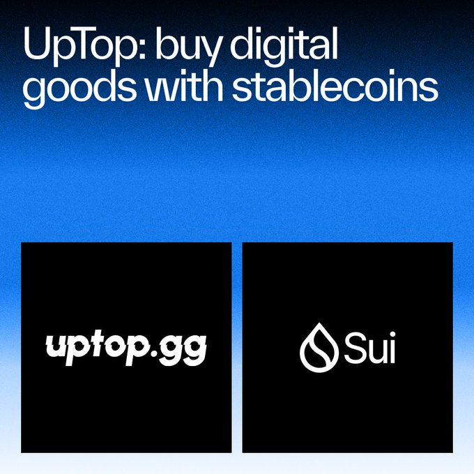 The image features two logos for UpTop and Sui, both related to digital goods and stablecoins. The first logo displays a blue background with white text that reads "UpTop buy digital goods with stablecoins", while the second logo shows a black background with white text that says "Sui". Both logos are positioned on opposite sides of the image, creating a balanced composition.