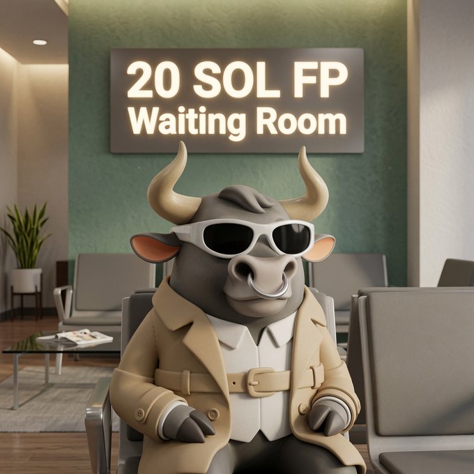 A 3D-rendered cartoon bull character wearing sunglasses, a nose ring, and a tan trench coat sits in a waiting room beneath a glowing sign that reads '20 SOL FP Waiting Room'.