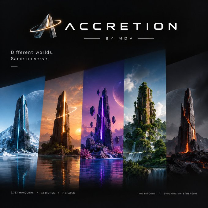 Promotional artwork for "ACCRETION BY MDV" NFT collection showing "Different worlds. Same universe." with 3,333 monoliths across 12 biomes.