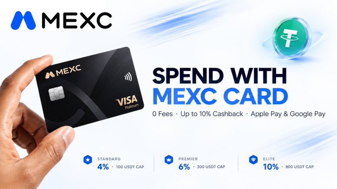 The image is a promotional banner for the MEXC Card, featuring a hand holding a black Visa Platinum card with the MEXC logo, alongside text advertising "SPEND WITH MEXC CARD" with benefits including "0 Fees, Up to 10% Cashback, Apple Pay & Google Pay." It highlights three membership tiers—Standard (4%, 100 USDT cap), Premier (6%, 300 USDT cap), and Elite (10%, 800 USDT cap)—suggesting the card could be a solution to the regional restrictions the post laments Nigerian crypto users typically face.
