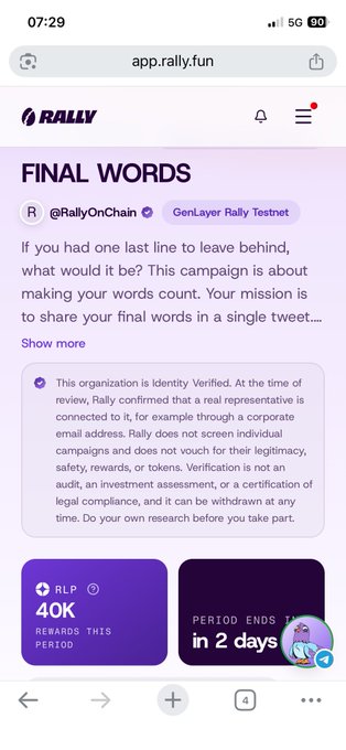Mobile screenshot of the app.rally.fun website showing a 'FINAL WORDS' campaign by @RallyOnChain on GenLayer Rally Testnet, with 40K RLP rewards and the period ending in 2 days.