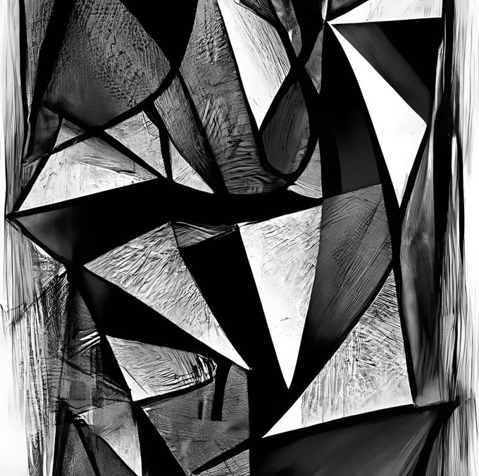 An abstract black and white artwork features geometric shapes and textured strokes.