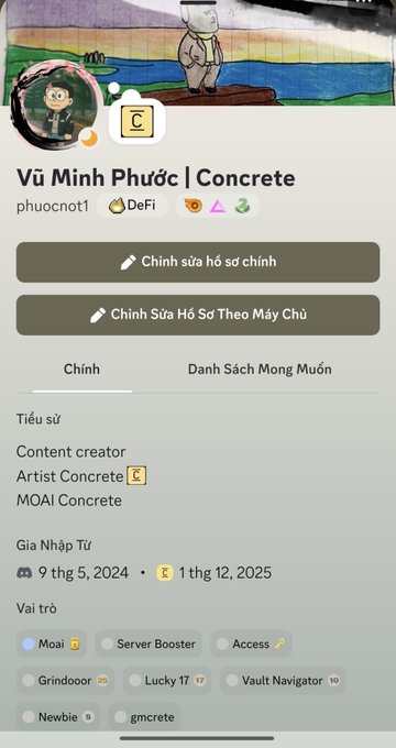 A Discord profile screen for 'Vũ Minh Phước | Concrete' showing roles including Content creator and Artist Concrete, and server roles like Server Booster and Grindoor.