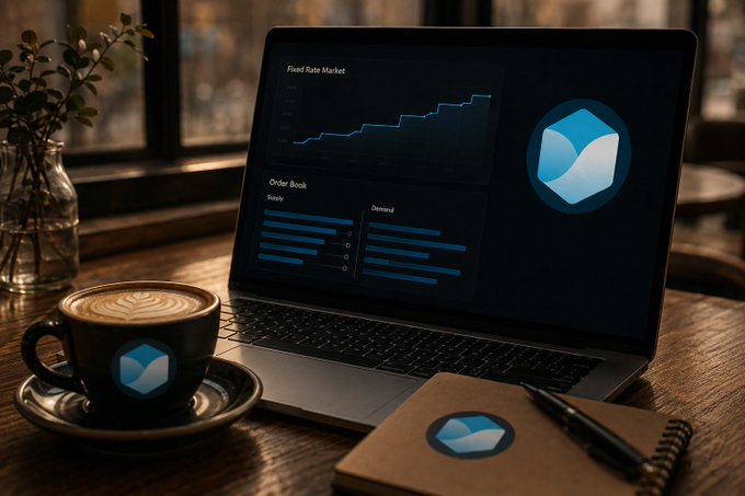 A laptop displaying a 'Fixed Rate Market' chart, 'Order Book' with Supply and Demand bars, and a blue cube logo sits on a wooden table next to a matching coffee cup and a notebook with a pen.