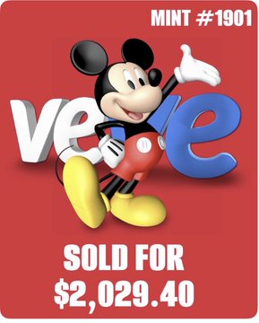 A VeVe NFT digital collectible showing Mickey Mouse posing with the 'veve' logo, labeled 'MINT #1901' and 'SOLD FOR $2,029.40' on a red background.