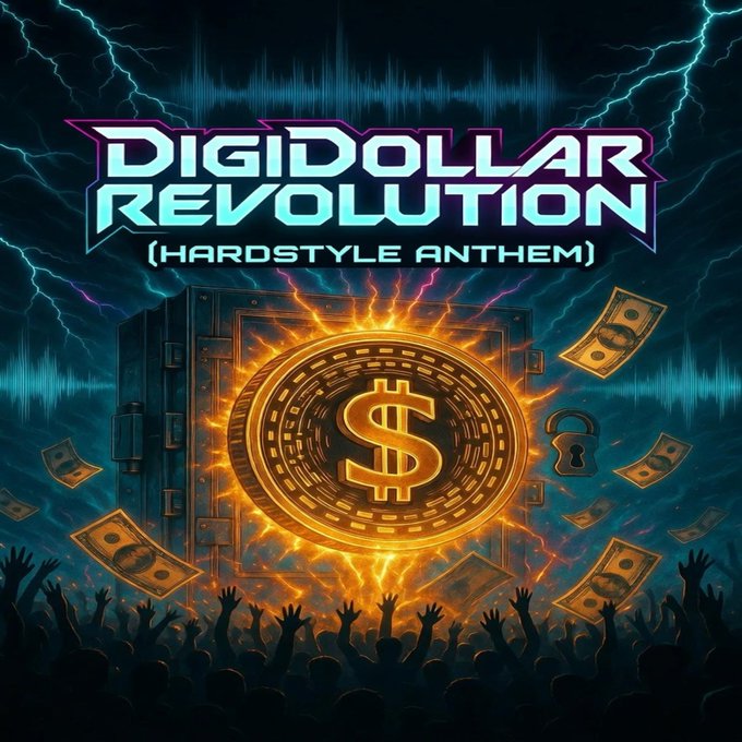 A concert-style graphic for 'DigiDollar Revolution (Hardstyle Anthem)' showing a glowing gold dollar coin, an open vault, flying money, lightning, and a crowd with raised hands.
