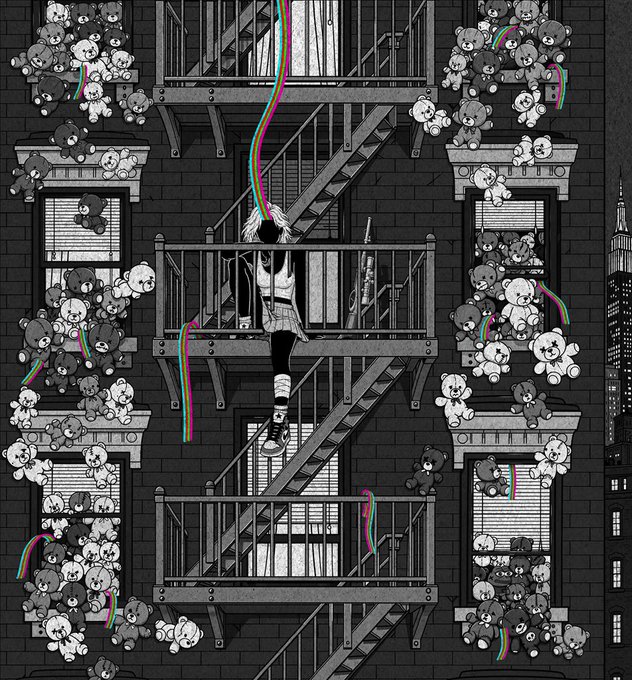 A black-and-white anime-style illustration of a girl sitting on a fire escape in a brick building, surrounded by numerous teddy bears spilling out of the windows, with a city skyline visible in the background and colorful glitch-like trails.