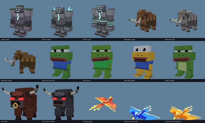 A collection of Minecraft pixel art sprites including various Golem, Mammoth, Frog, Bull, and Phoenix designs displayed against a blue background.