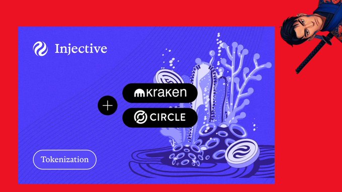 A promotional graphic for Injective, Kraken, and Circle Tokenization features a stylized blue coral-like digital asset on a purple background, with a small ninja character in the corner.