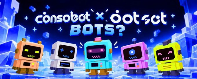 Five colorful, blocky robot characters in orange, white, blue, pink, and yellow stand beneath the text "consobot x dotset BOTS?" against a starry, crystal-themed background, promoting the collaboration between DOTSET and CONSO BOT to release Reputation-Backed Agentic Collectibles on the Sui Network.