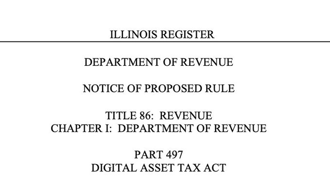 A document header from the Illinois Register for the Department of Revenue, showing a Notice of Proposed Rule for Title 86: Revenue, Chapter I, Part 497, regarding the Digital Asset Tax Act.
