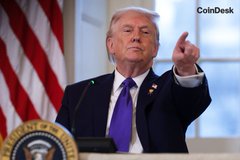 U.S. President Donald Trump speaks at a podium bearing the presidential seal, pointing his finger, with a "CoinDesk" logo in the corner and an American flag in the background.
