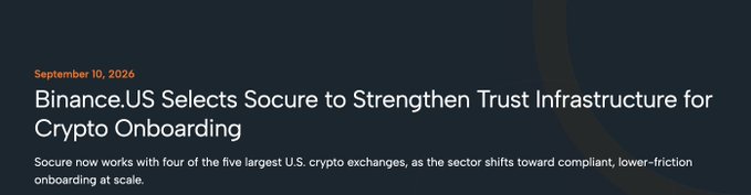 A dark-themed news article header dated September 10, 2026, with the headline 'Binance.US Selects Socure to Strengthen Trust Infrastructure for Crypto Onboarding.'