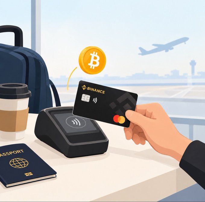 An illustration shows a hand tapping a black 'BINANCE' credit card on a contactless payment terminal, with a gold Bitcoin coin floating above, alongside luggage, a coffee cup, and a passport at an airport.