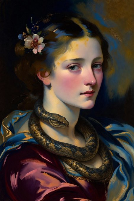 A classical oil painting style portrait of a young woman with flowers in her dark hair and a large snake coiled around her neck, dressed in flowing blue and purple garments.