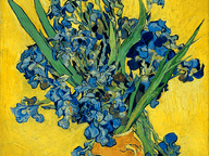 An abstract painting featuring vertical brushstrokes in shades of blue, green, and black set against a bright yellow background, with a hint of orange near the bottom.