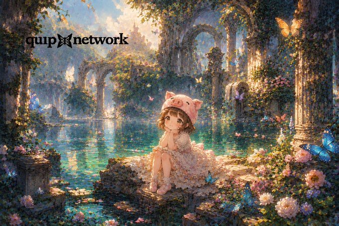A chibi-style girl in a pink pig hat sits by a luminous pool amid dreamy classical ruins, with "quip✦network" and a "v0.2.1" watermark tying the fantasy scene to the post's theme of Quip Network's quantum computing infrastructure unfolding in real, practical steps.