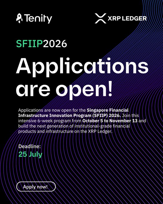 The image features a poster for an event called SFIIP - Singapore Financial Infrastructure Innovation Program, which is open for applications. The poster has a purple background with white text that reads "Applications are now open! Applications are now open!". The poster also includes details about the program and its partners, such as Tenity and RippleX Ledger.
