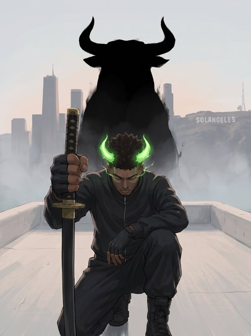 The image depicts a warrior with glowing green horns kneeling on a rooftop holding a katana, with the shadow of a massive bull looming behind him against a cityscape labeled "SOLANGELES." The scene visually represents the "$ANSEM szn" post by playing on "AnsEM" with the warrior's horns and the bull's shadow symbolizing market strength, likely referencing a crypto trader or influencer bullish on SOL (Solana).