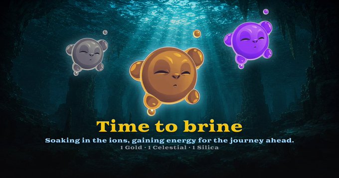 A graphic showing three floating, round, bear-like creatures in gold, silver, and purple colors against an underwater background, with the text 'Time to brine' and '1 Gold · 1 Celestial · 1 Silica'.