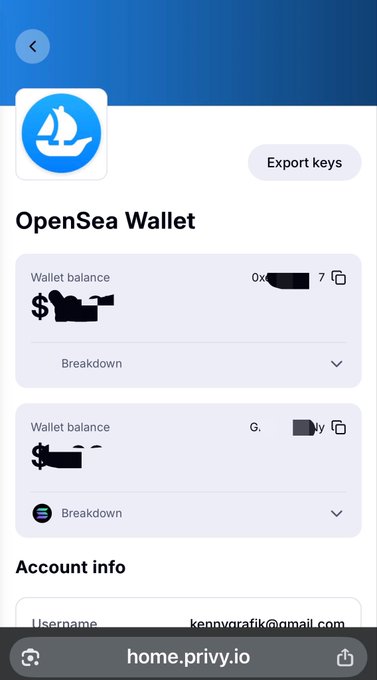 A screenshot of the OpenSea Wallet interface (home.privy.io) showing an "Export keys" button and two wallet balances with blacked-out/empty amounts, illustrating the user's point that funds deposited via the BNB chain weren't visible in the app, requiring recovery via Privy's website. The account info at the bottom shows the username "kennygrafik@gmail.com".