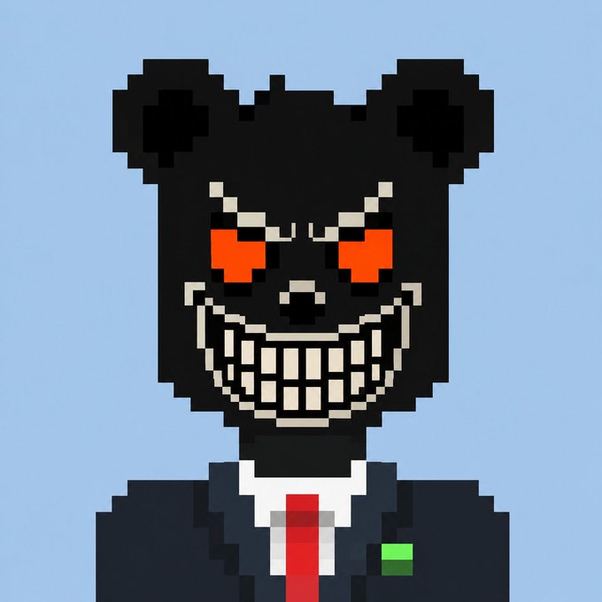 Pixel-art character portrait of a black bear-headed figure with glowing red eyes and a wide grin, wearing a suit and red tie.
