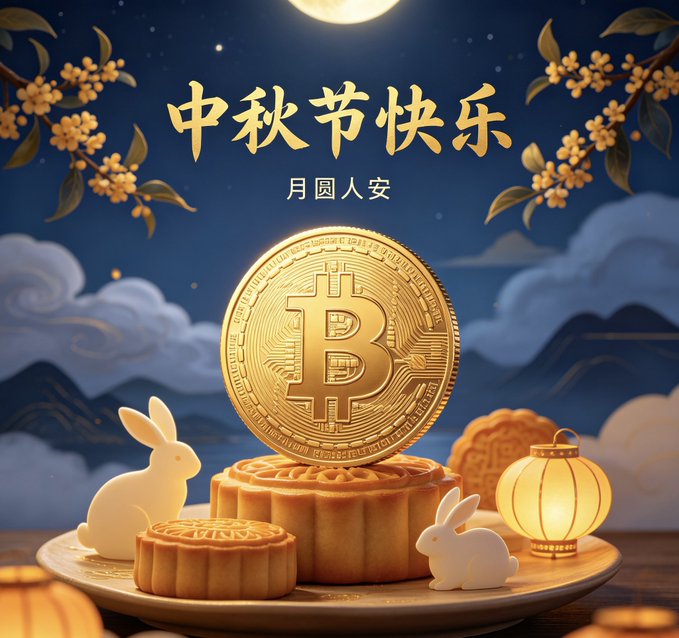 A Mid-Autumn Festival greeting featuring golden Chinese text "中秋节快乐" (Happy Mid-Autumn Festival) and "月圆人安" above a large Bitcoin coin, surrounded by mooncakes, white rabbits, and a glowing lantern under a full moon.
