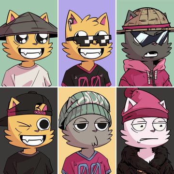 A 2x3 grid featuring cartoon illustrations of six different animal characters wearing streetwear like beanies, sunglasses, and jerseys in various color palettes.