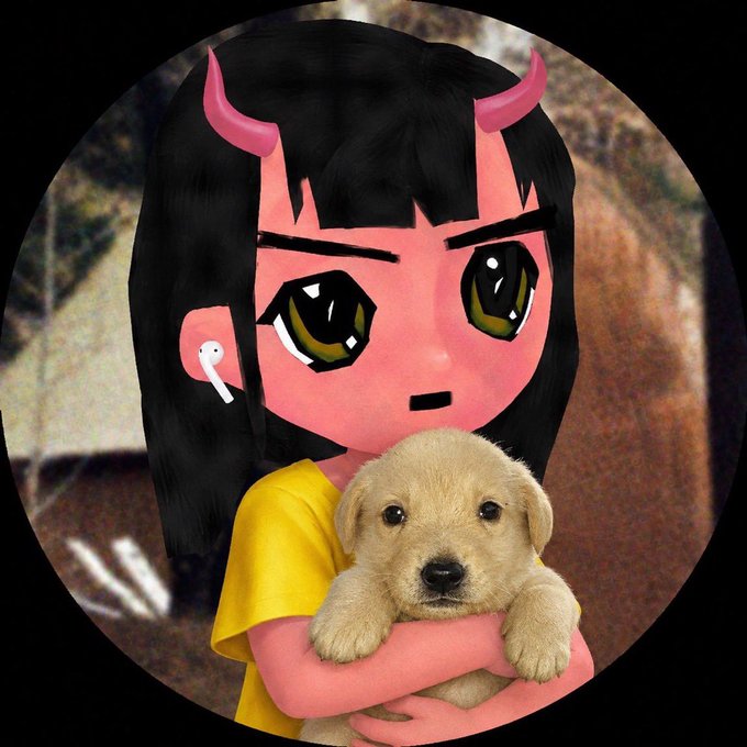 A digital illustration of an anime-style girl with black hair, pink horns, and large expressive eyes, holding a golden retriever puppy against her chest in a circular frame.