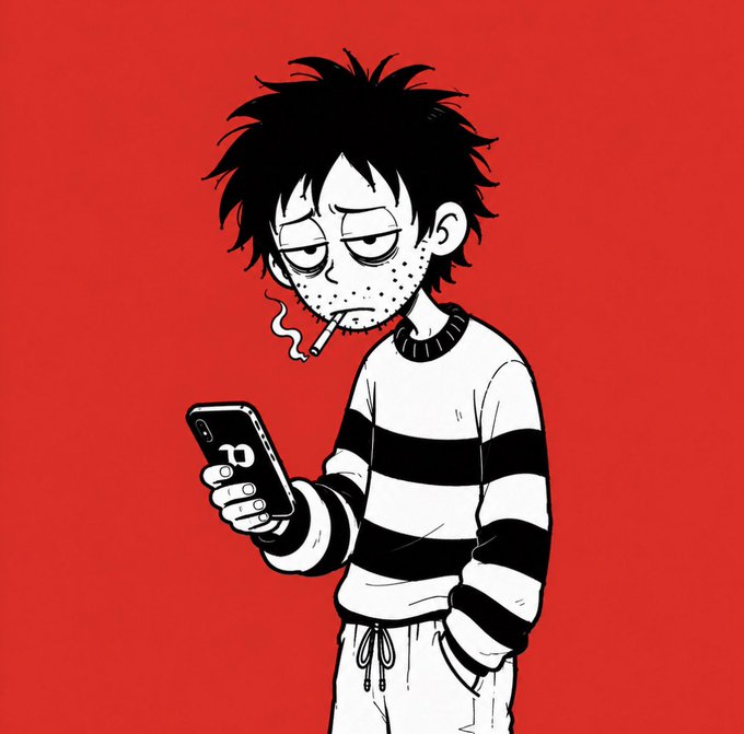 A black and white cartoon illustration of a tired-looking young man with messy hair smoking a cigarette while checking his phone, set against a red background.