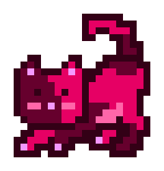 The image features a cartoon cat with pink fur, standing upright on its hind legs. The cat has two ears, one on each side of its head, and its tail is curled up behind it. The background of the image is white, which contrasts nicely with the vibrant colors of the cat's fur. There are no other objects or text in the image, making the focus solely on the cartoon cat.