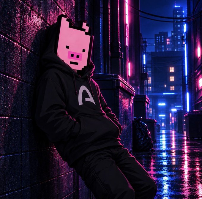A person in a black hoodie with a pig-shaped mask leans against a brick wall in a neon-lit, cyberpunk-style city alley at night.