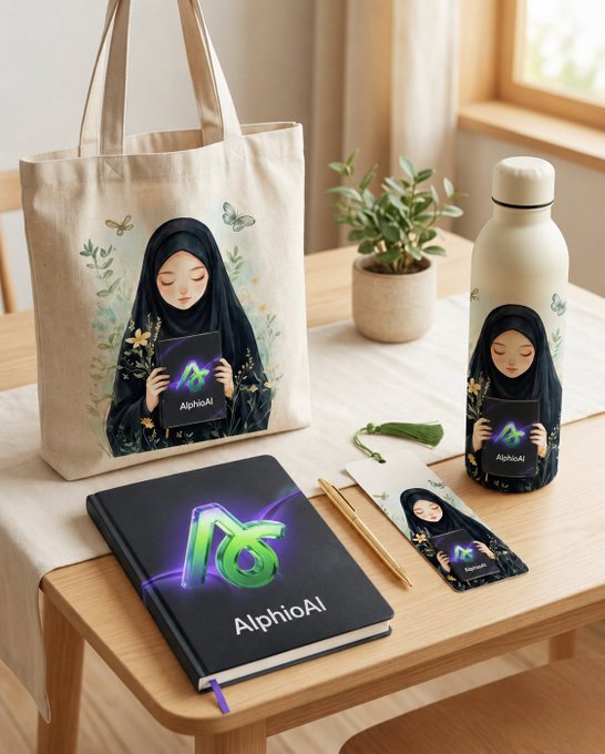 A promotional product arrangement for "AlphioAI" displays branded merchandise including a tote bag, notebook, water bottle, and bookmark, all featuring the company's neon green logo alongside an illustration of a woman in a hijab using an AlphioAI device. The setup ties into the Alphio Copy Trading Challenge by showcasing the brand's identity, though the image itself focuses on merchandise rather than the trading leaderboard strategy discussed.