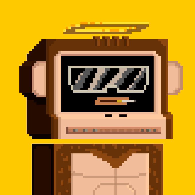 A pixel art illustration depicts a vending machine character with a halo above its head, displaying a cigarette graphic on its screen, set against a bright yellow background. The heavenly imagery and "ZEC chain NFTs heating up" message from the post suggest the vending machine character represents an exclusive or "blessed" digital collectible from the Zecvisions team on the Zcash blockchain.