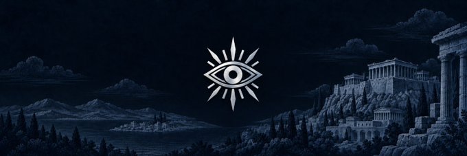 A stylized all-seeing eye emblem glows at the center of a dark, classical landscape featuring ancient Greek-style temples and a moonlit coastline, evoking themes of vision, omniscience, and connection—fitting imagery for Wire's initiative linking token creator fees to real people through X Money.