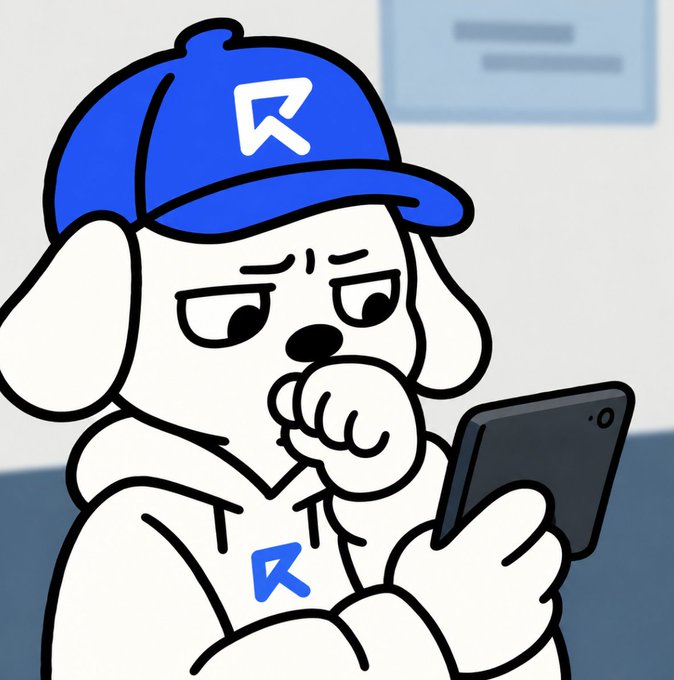 A cartoon illustration of a white dog-like character wearing a blue cap and hoodie with an 'R' logo, intently looking at a smartphone.
