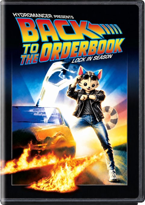 A stylized retro VHS-style poster titled 'BACK TO THE ORDERBOOK' by Hydromancer, featuring a cat-headed figure in a leather jacket standing in front of a car with flames.