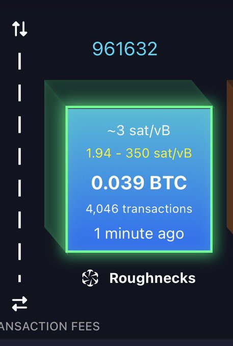 A blockchain block visualization shows block 961632 mined by Roughnecks, containing 4,046 transactions with transaction fees ranging from ~3 to 350 sat/vB, generating a reward of 0.039 BTC just 1 minute ago. The image aligns with the post celebrating Roughnecks successfully mining block 961632 under BIP-110.