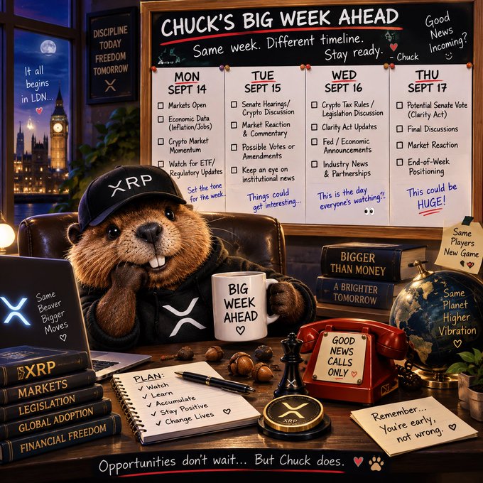 A beaver character wearing an 'XRP' cap sits at a desk with a mug reading 'BIG WEEK AHEAD,' in front of a board titled 'CHUCK'S BIG WEEK AHEAD' detailing crypto market events for Sept 14-17, with XRP, legislation, and 'FINANCIAL FREEDOM' visible on book spines.