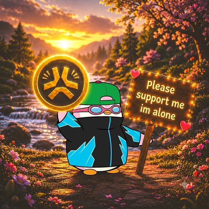 A cartoon penguin character wearing a cap and goggles holds a glowing coin with a symbol, standing next to a sign that reads 'please support me im alone' in a scenic sunset landscape.